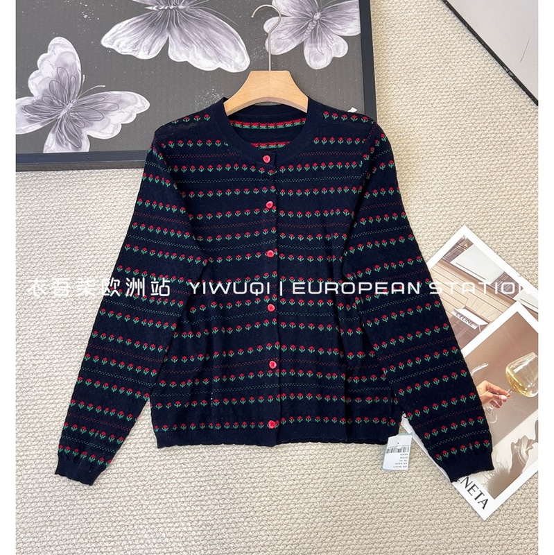 港米服饰 欧洲站2025秋气质百搭时尚显瘦高级感刺绣花朵针织开衫|undefined