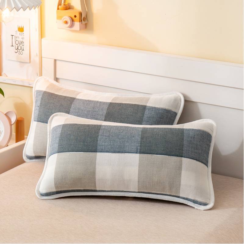 일본식 대형 체크무늬 블루 거즈 베갯잇