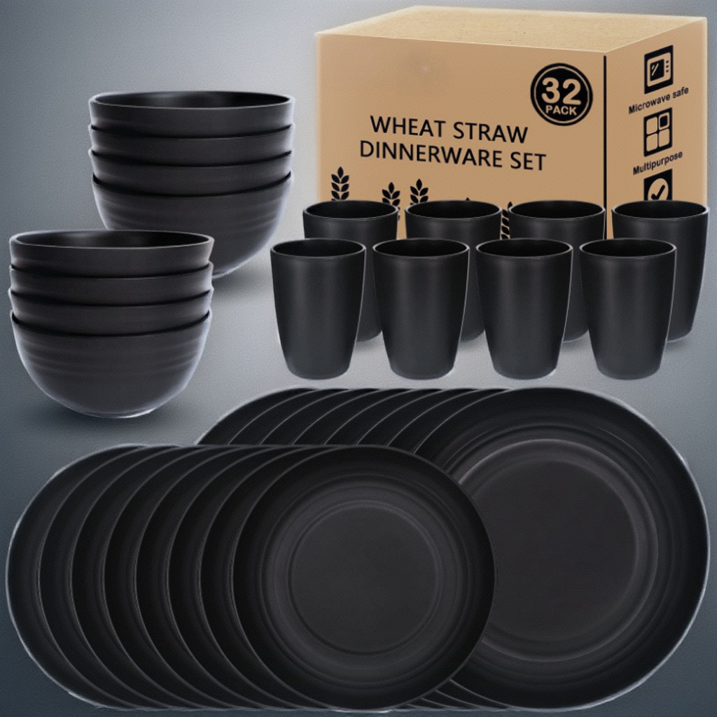 Amazon plato de comida negro tazón de sopa taza cuchillo tenedor cuchara vajilla juego de paja de trigo juego de regalo de campamento al por mayor