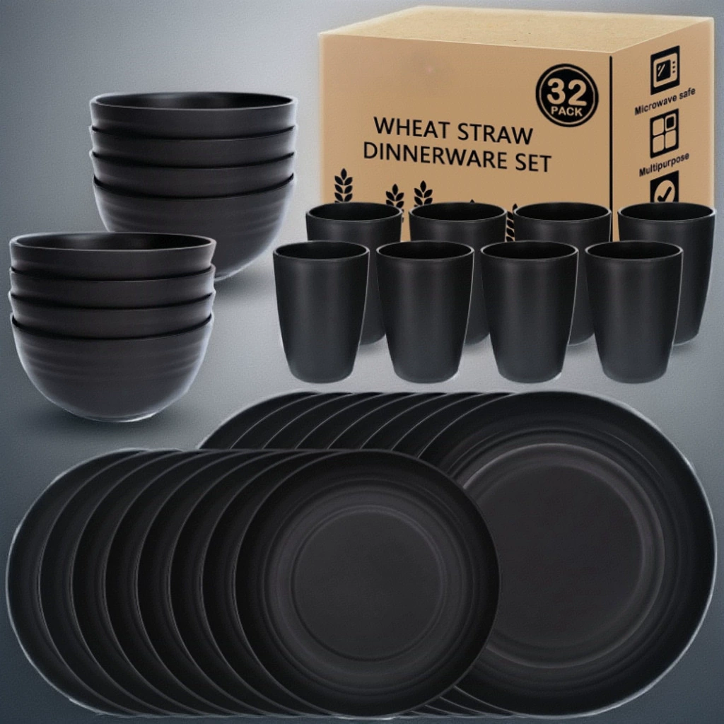 Черная обеденная тарелка Amazon, миска для супа, чашка, нож, вилка, ложка, посуда, набор из пшеничной соломы, подарочный набор для кемпинга, оптовая продажа