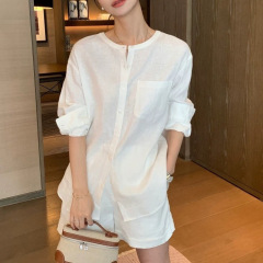 山茶花亚麻衬衫|度假风无领宽松上衣女开衫轻薄衬衣夏