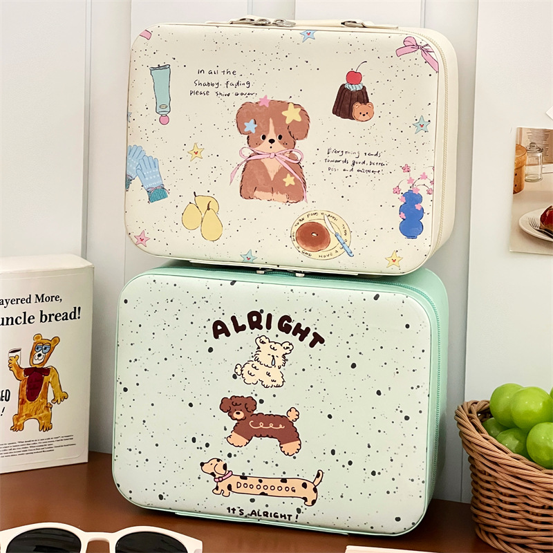 Original lindo cachorro maquillaje nuevo portátil de gran capacidad bolsa de almacenamiento de viaje con espejo bolsa de lavado de mano mujer