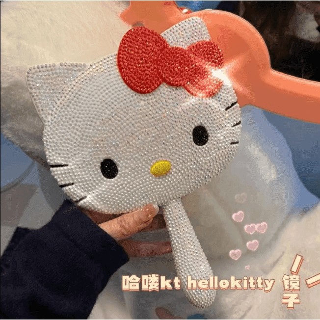 헬로 키티 풀 다이아몬드 거울 핸드 헬드 메이크업 거울 DIY 핸드 스틱 다이아몬드 학생 다이아몬드 거울 여자 친구 선물