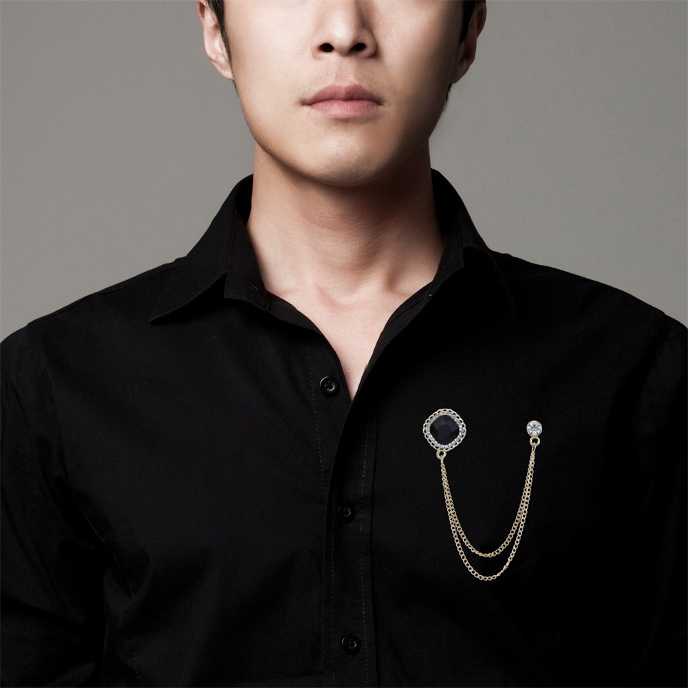 Geometric black gem brooch men's suit corsage badge tassel multi-layer chain collar pin badge pin clothing accessories