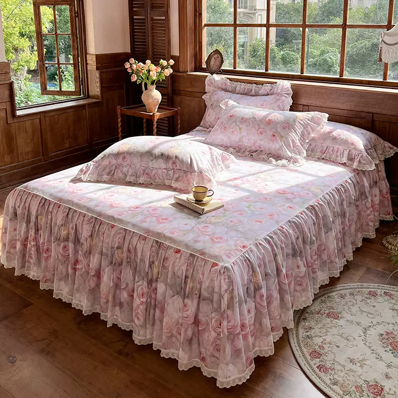全棉纯棉磨毛印花床裙单件花边田园风家用防滑床裙三件套四季通用