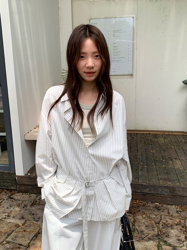广州十三行2025秋韩系修身系带围裙套装休闲长袖条纹衬衫女02749|undefined