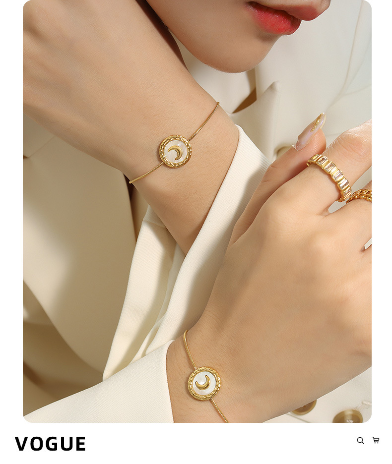 Retro Round Moon Titanium Steel Inlay Shell Bracelets Earrings Necklace