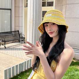 2026新款彩色条纹草编渔夫帽子女夏季镂空透气薄款盆帽遮阳防晒帽