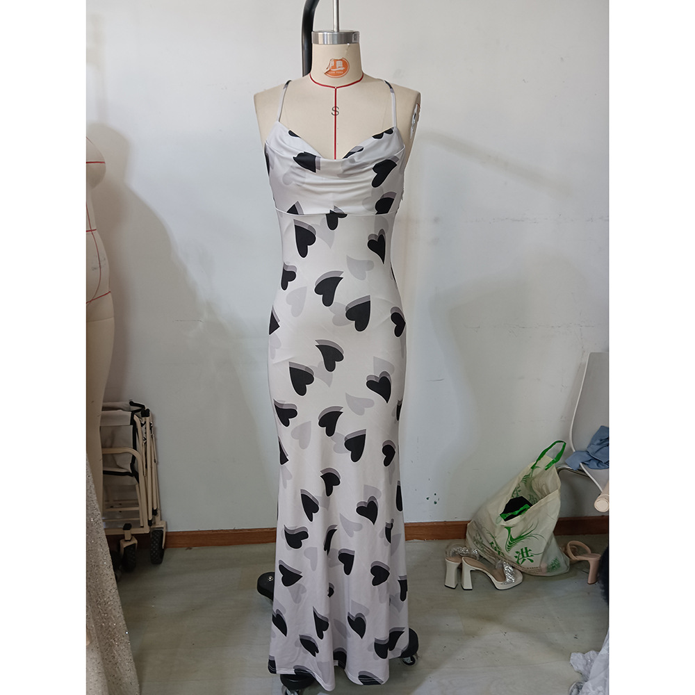 Summer Women Wear Sexy Sling Dress Heart Printing Backless Slim Fit Vacation Dress