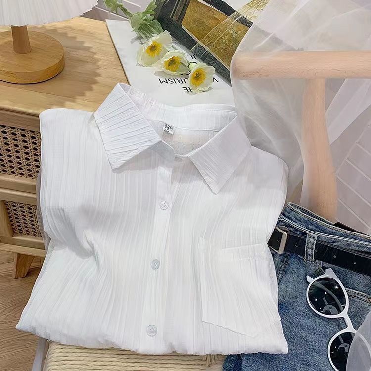 oversize白色衬衫外套女春秋薄款休闲开衫防晒衬衣宽松肌理感上衣|undefined