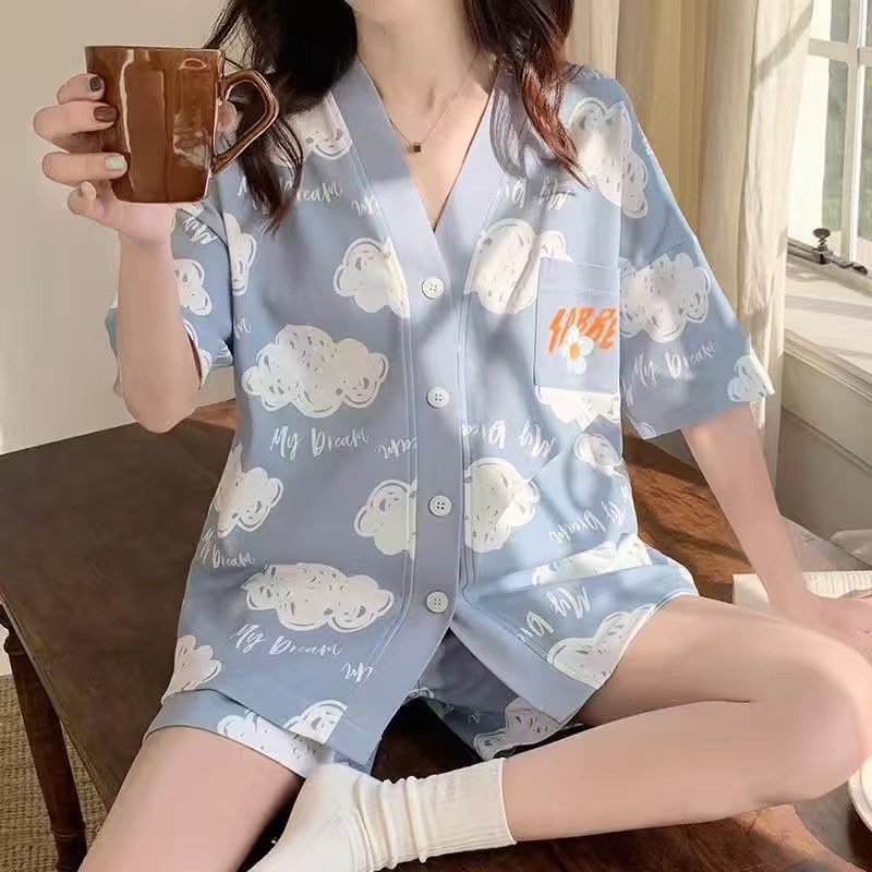 Pijamas para mujer verano lindo dibujos animados dulce traje de manga corta para mujer cárdigan suelto verano servicio a domicilio primavera y otoño