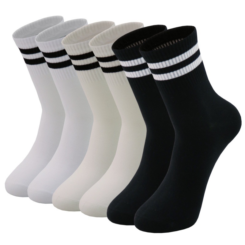 Schüler-Socken in Lagerbestand, Ganzjahres-Bestseller, Collegestyle, anti-Pilling, nahtlose Zehennaht, Baumwollsocken mit zwei Streifen, Unisex-Sportsocken