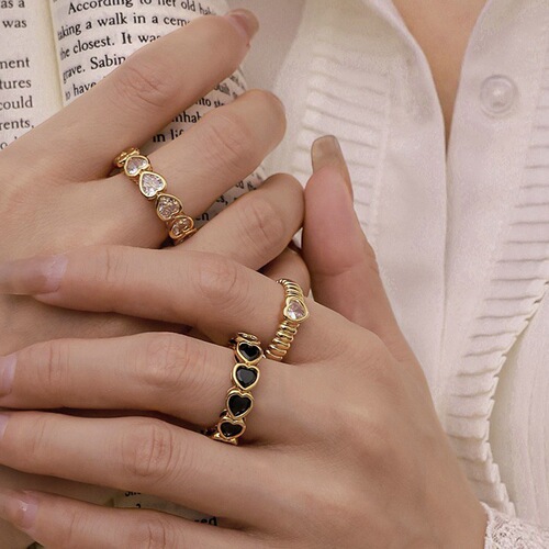 Gold Retro Vintage Style Heart Diamond Open Ring with Black Gold and Pearls, Fashionable Simple Pearl Tassel Design