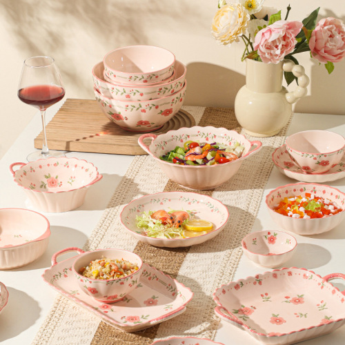 High-Endurance Red Glaze Ceramic Tableware Set for Home Use - Ceramic Bowl Soup Bowl Fish Plate Wedding Moving Gift Festive Tableware Set
