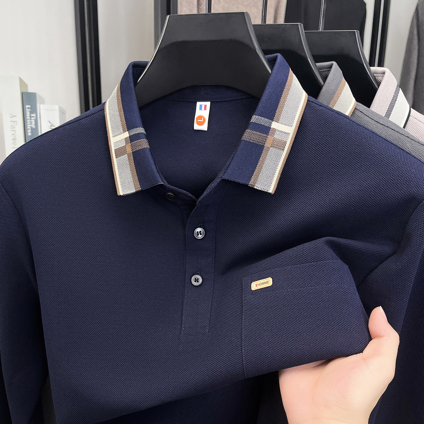 Men's long-sleeved cotton T-shirt, collared, spring and autumn style, casual men's clothing, loose fit, base layer T-shirt, real pocket top.