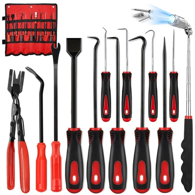 Hook and Screwdriver Removal — Mühərrik tənzimləmə alətləri - red-13-piece-set-with-rotating-head-stone-detector-oxford-storage-roll-bag