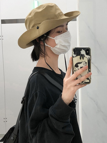 Japanese-style large-brimmed drawstring sun fishing hat for girls, summer outdoor breathable sunshade large head circumference climbing fishing hat for men