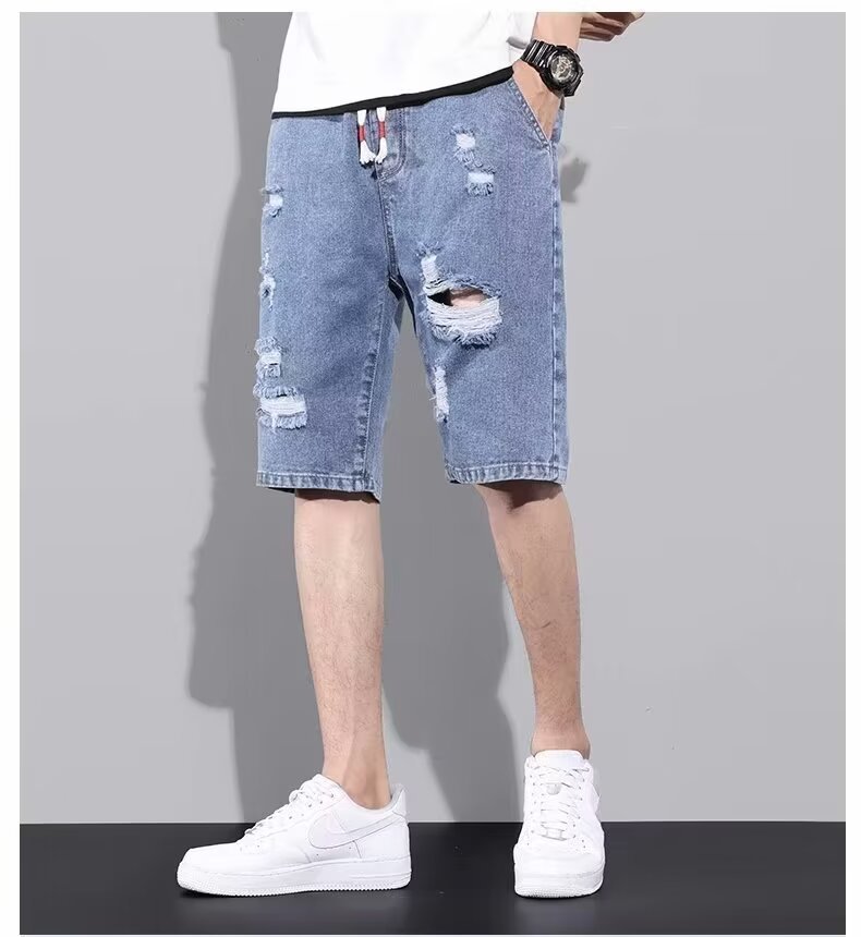 Pantalones cortos de mezclilla rotos para hombres pantalones rectos sueltos delgados de verano de cinco puntos marca de moda pantalones casuales ins 2024 nuevo estilo