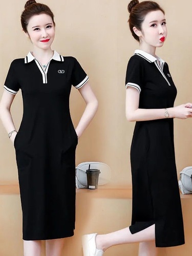 Korean Style Casual Long-Sleeve Blouse Dress with Collar, Knee-Length, Slimming, Sporty Women's Dress
