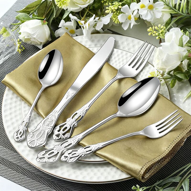 Royal Court Tableware Stainless Steel Knife, Fork, and Spoon with Embossed Hollow Design for Western Restaurant Steak Knife, Fork, and Dessert Spoon in Western Retro Style
