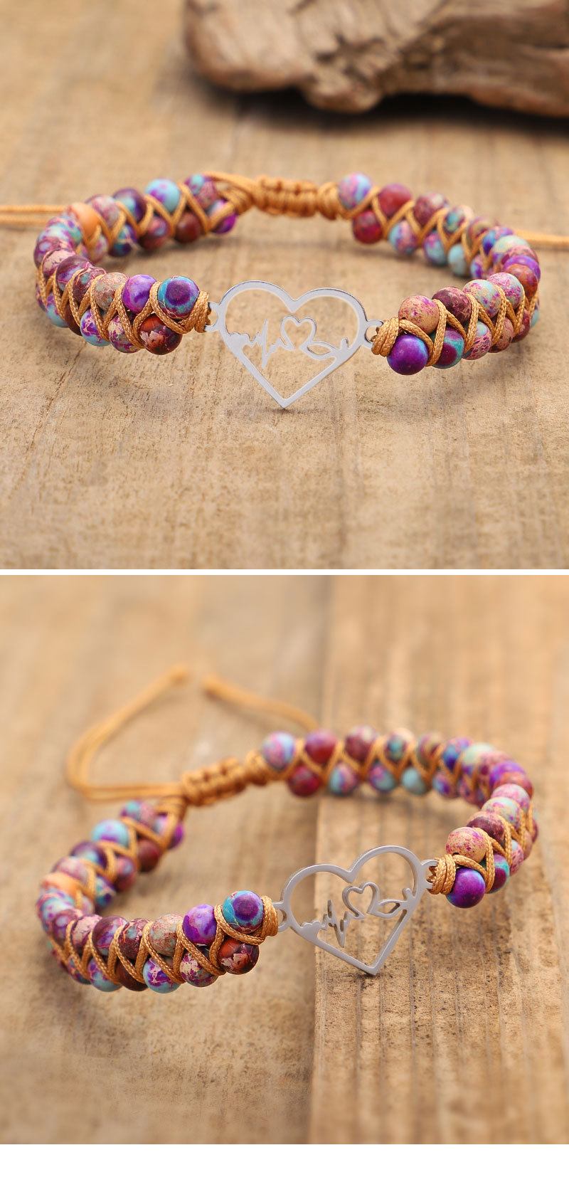 Fashion Heart Shape Stainless Steel Emperor Stone Knitting Bracelets 1 Piece