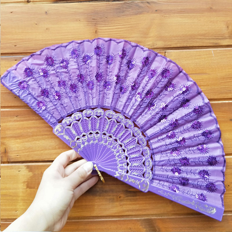 Mayorista barra negra de color sequinilla estampado ventilador plegable accesorios de baile ventilador de baile Wing Chun puede agregar impresión de tela de silk