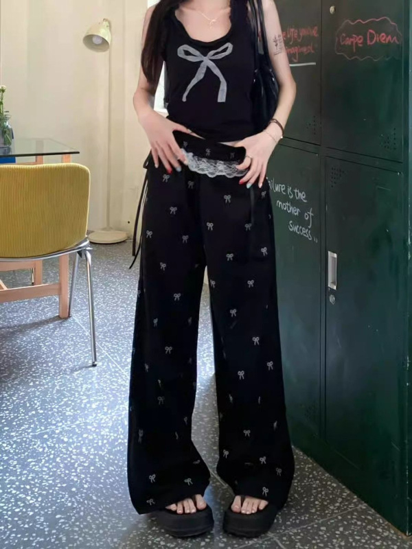 スイートガールレーススプライシングカジュアルパンツボウタイパンツ女性の夏のルーズ弾性ウエストワイドレッグパンツストレートパンツ|undefined