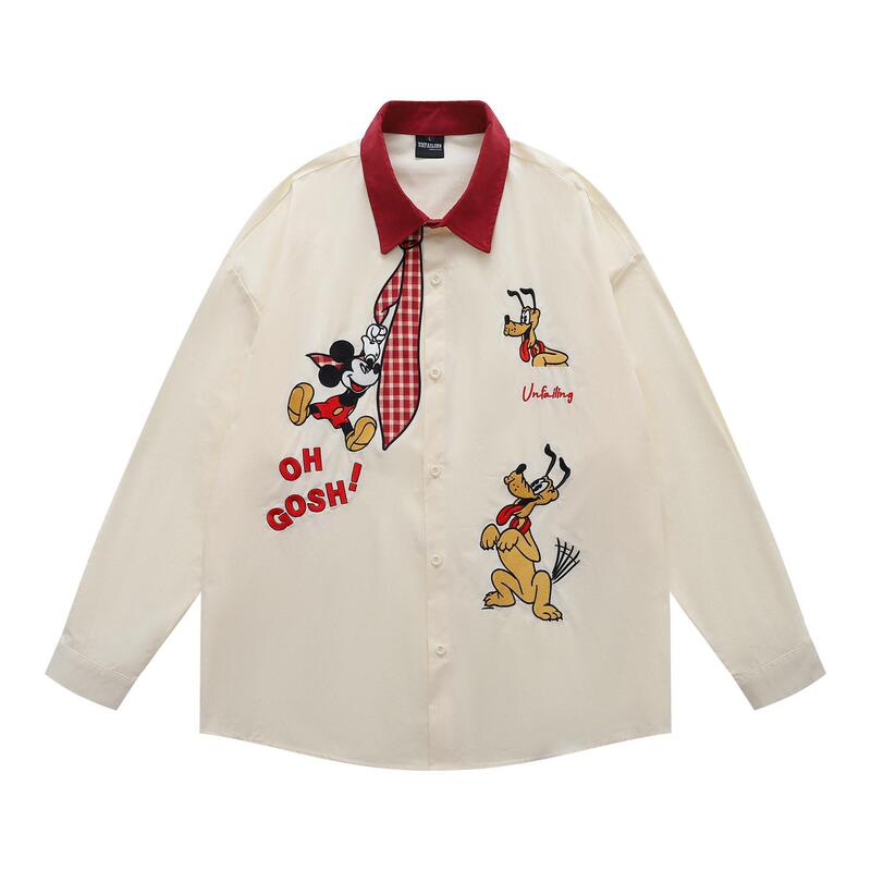 American Mickey Vintage Cartoon Embroidered Splicing Shirt Couple Japanese Style Style Lazy Casual Men's and Women's Long-Sleeved Shirt