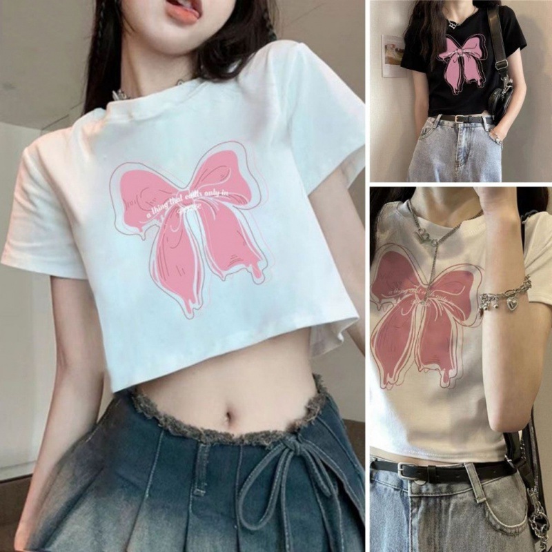 Camisas de mangas cortas americanas de alta calle caliente para mujeres 2026 verano delgado cintura alta ombligo corto de moda impresa blusa