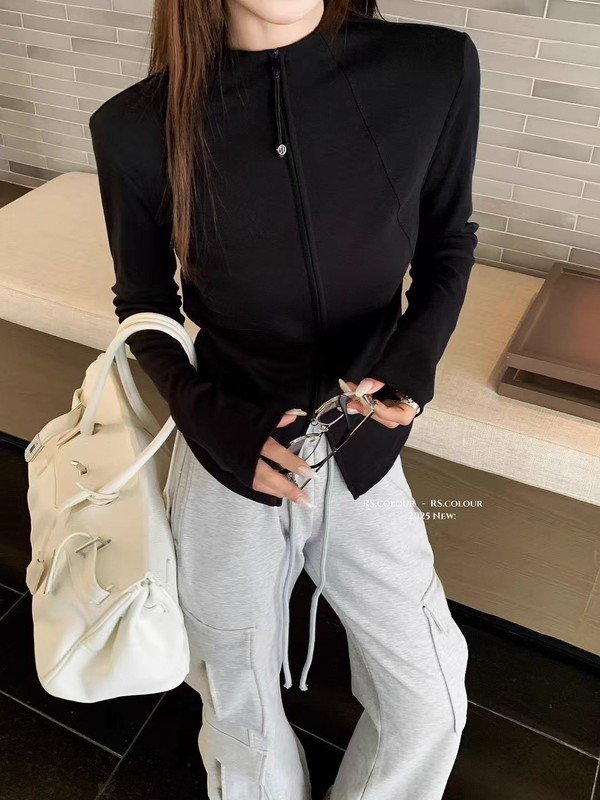 韩版拉链半高领显瘦短外套女2025春夏新款气质百搭修身长袖T恤|undefined