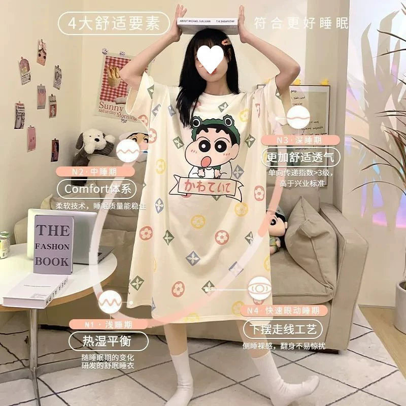Свободная ночная рубашка средней длины для женщин, летняя одежда больших размеров, подходит для беременных и женщин в послеродовом периоде, милая студенческая летняя одежда.