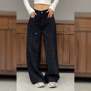 美式大码辣妹设计感烫钻拼接牛仔裤子女复古闪闪满天星拖地长裤潮