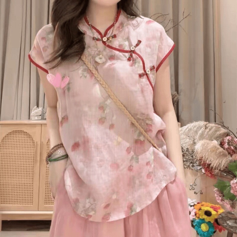 2026 Summer New Chinese Style Artistic Printed Diagonal Collar Buttoned Women's Blouse