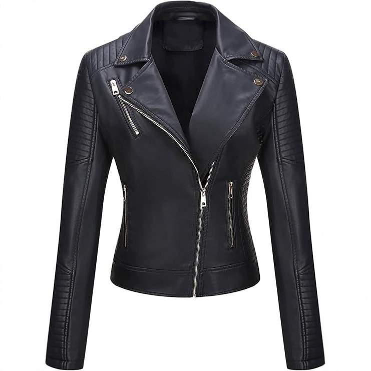 202 Spring and Autumn Short Leather Jacket Women's European Size Slim Lapel Motorcycle Jacket Oblique Zipper Jacket Amazon Women's Jacket