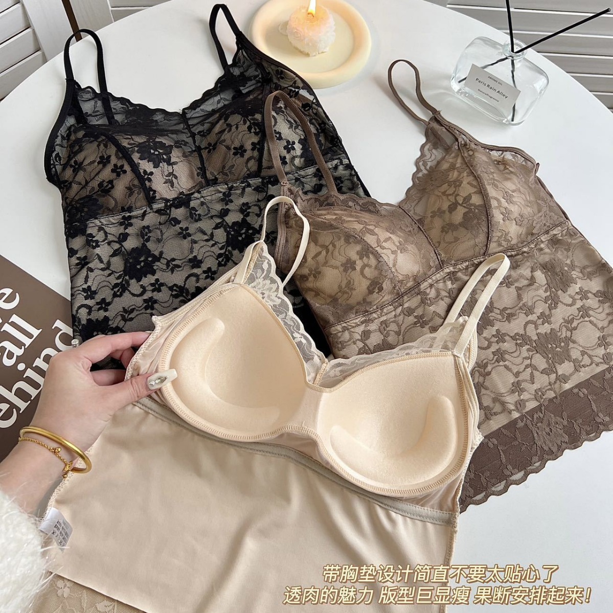 Eslinga de espalda de belleza de encaje sexy Sujetador de copa fija de seda de hielo para mujer