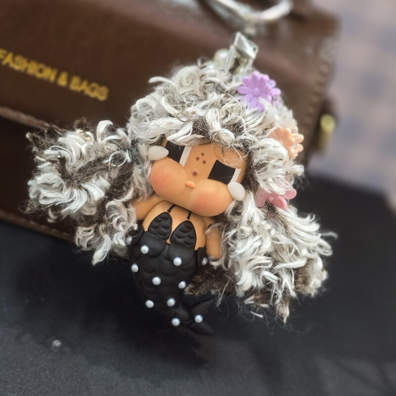 Cute Clay Mermaid Pendant Afro Hair Plush Doll Bag Phone Keychain Decoration Hanging Ornament