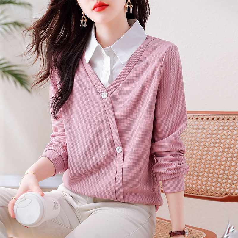 Spring and Autumn New Style Shirt with Lapel Splicing New Long-Sleeved Shirt Sweatshirt Fake Two-Piece New Top Button Pure New