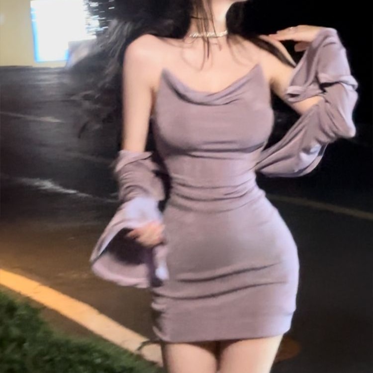 紫色吊帶短裙女泰式新款修身顯瘦盪領連衣裙女性感純欲辣妹包臀裙