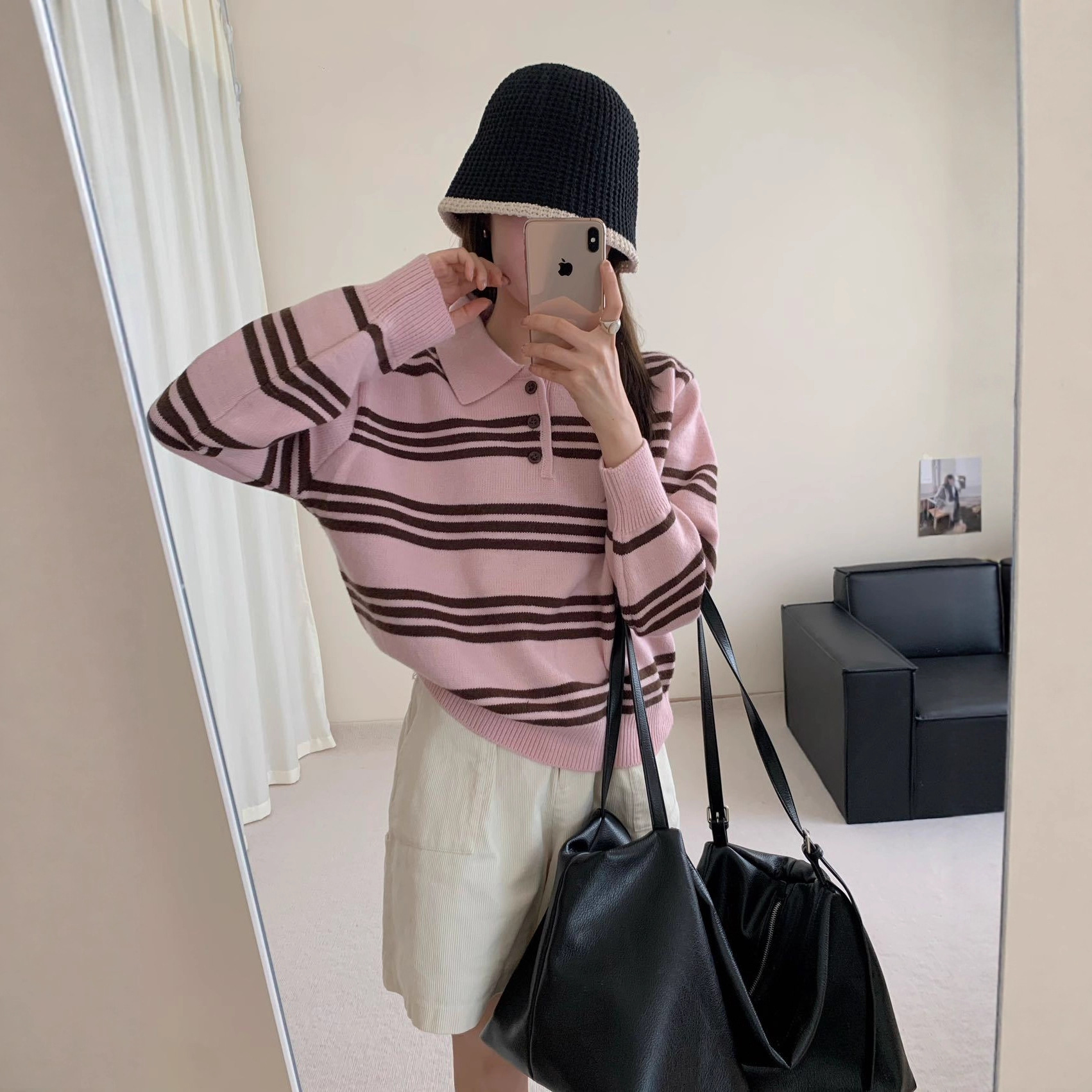 韩系甜美风撞色条纹POLO领套头毛衣女秋冬宽松显瘦减龄针织上衣