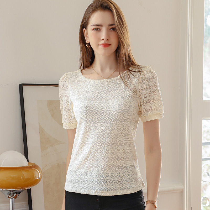 Lace Short-Sleeved T-Shirt for Women Wholesale Summer New Slim Round Neck Shirt Pure Color Women's Cross-Border Foreign Trade Wholesale