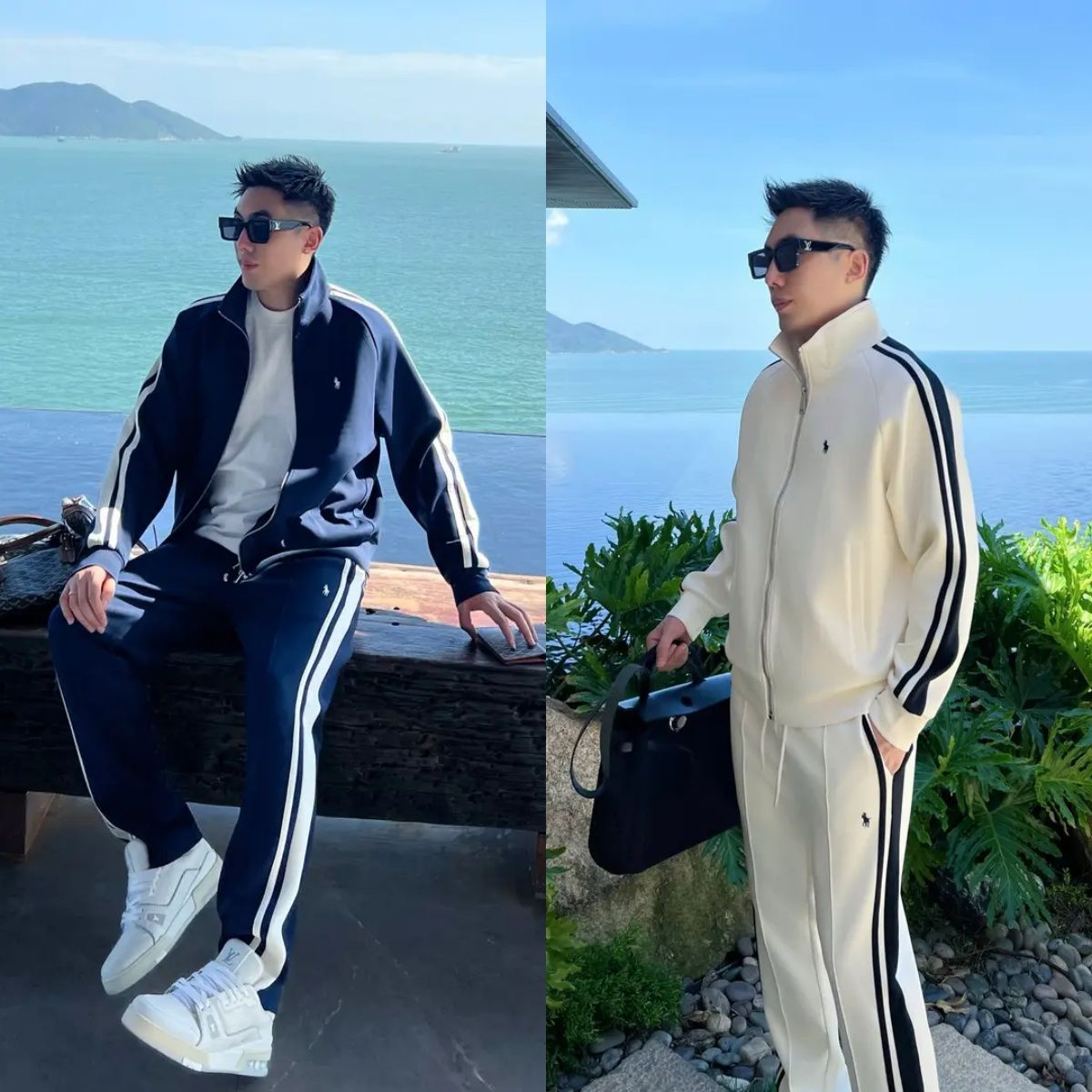 Autumn Retro Blue and White Casual Fashion Sports Suit Jacket Pants Men's Versatile Trendy Embroidery