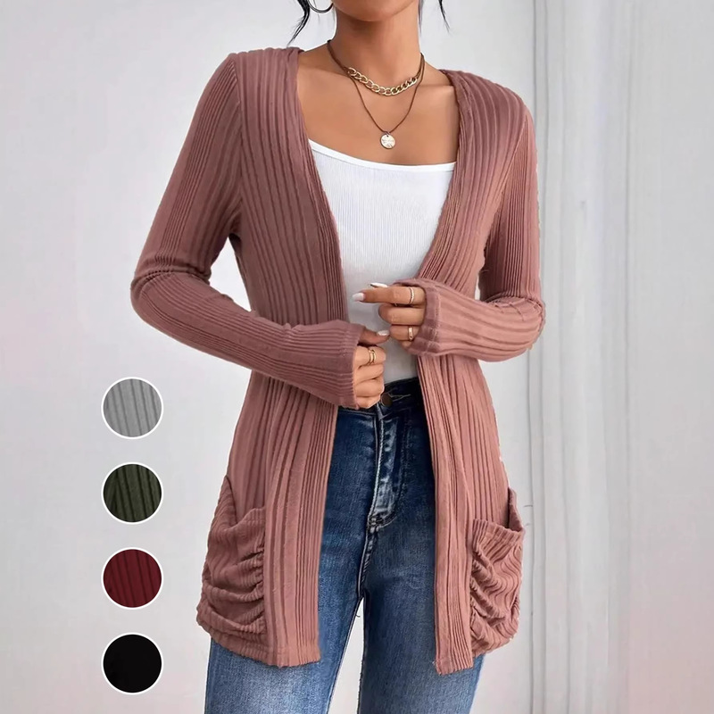 European and American Style Ribbed Cardigan with Long Sleeves and Pockets, Suitable for Everyday Wear, Dating, and as a Mid-Length Outerwear