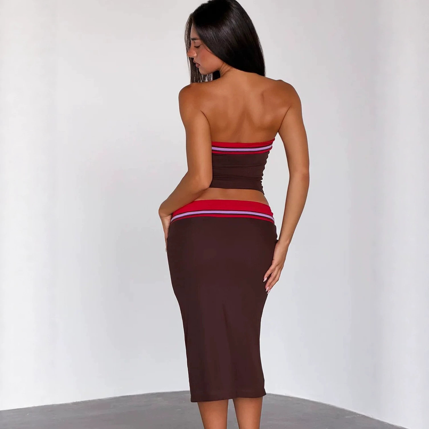 Strapless Crop Top And Color-Block Skirt Set Rhinestone Mesh Bodycon Dress For Trendy Hot Girls Women's Clothing Set_ecoleips.com