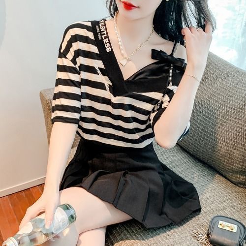 Women's Summer Short Sleeve T-Shirt with Elegant and Sensual V-Neck Shoulder-Strap Collage Design, Unique and Trendy, Indie Style