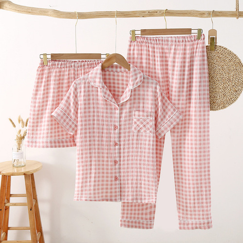 Women's summer gauze three-piece pajamas, simple Japanese plaid spring and autumn pure cotton double-layer gauze home pants, cotton trousers