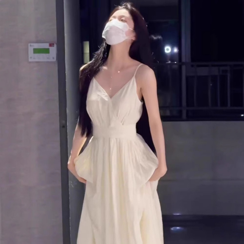 ティーブレイクフレンチドレス女性の夏のスイートウエスト痩身海辺休暇ノースリーブサスペンダーロングドレス|undefined