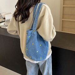 夏の小众キャンバスデニムバッグ刺繍ハンドバッグ小众デザインファッション大容量ショルダーバッグ通勤バッグ