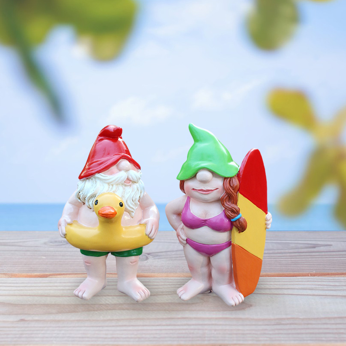 Funny Garden Gnome Men and Women Dwarfs Outdoor Beach Wind Surfing Figurines Novelty Garden Decoration
