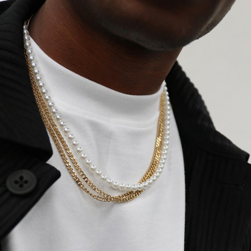 Amazon cross-border best selling single layer men's pearl necklace round beaded clavicle chain pearl necklace wholesale