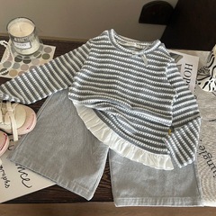 韓国の子供服2025新作春女の子ストライプのボトムシャツ子供用カジュアルブルーのワイドパンツ2点セットのファッション